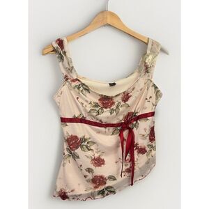 L Y2k Sheer Floral Rose Mesh Babydoll Tank Top Fairy Coquette Romantic Mori Kei